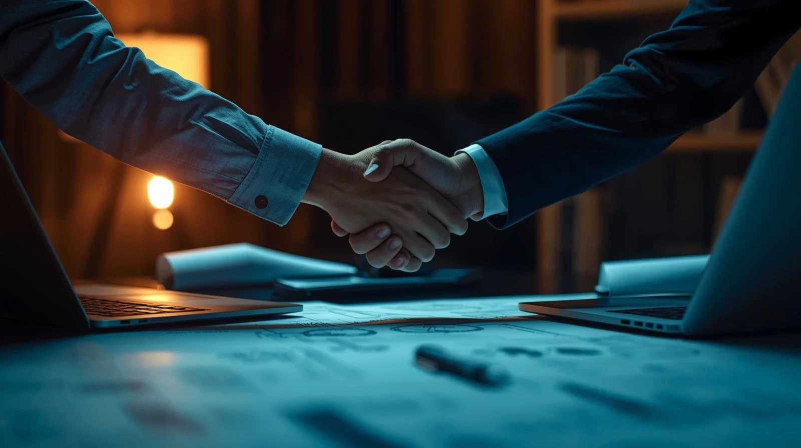 handshake-partnering-with-laptops-and-paper-of-engineering-drawing